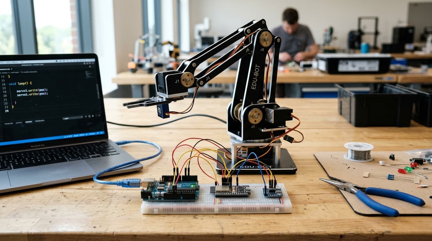 Robotics workbench with microcontrollers and robotic arm