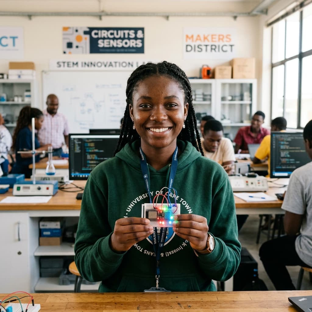 Student holding a programmed microcontroller circuit